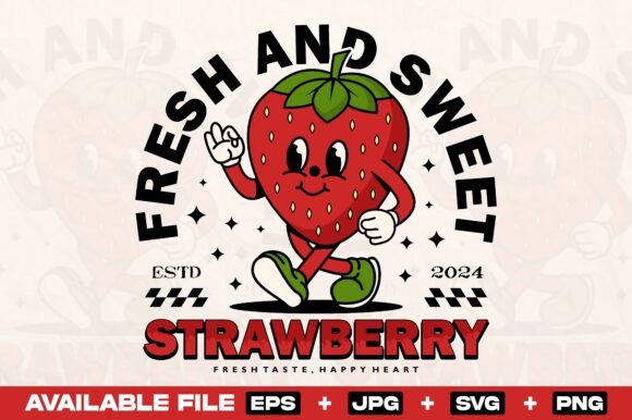 Vintage Strawberry Cartoon Print Design for T-Shirt Graphics